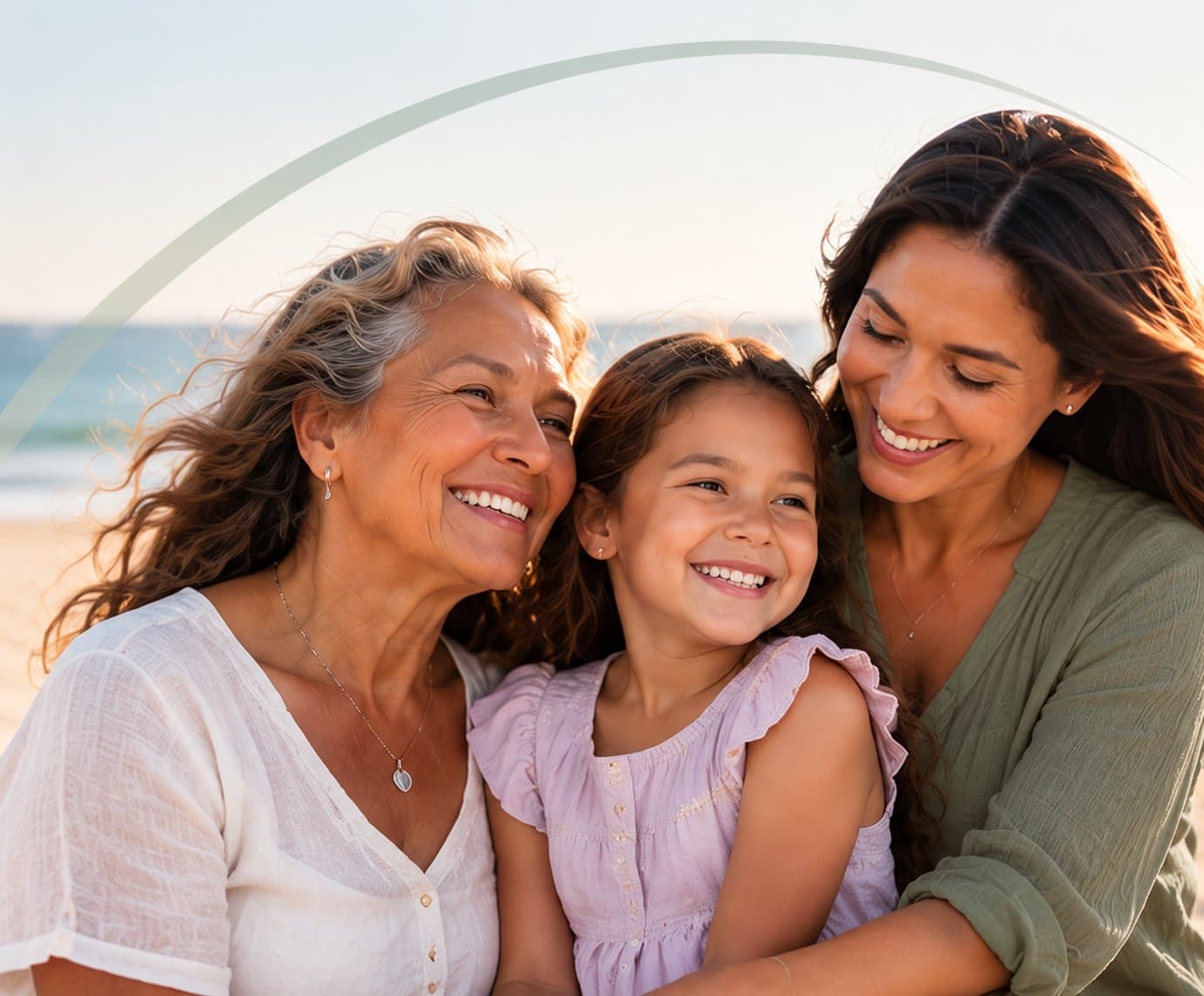 Three generations of women smiling together at the beach